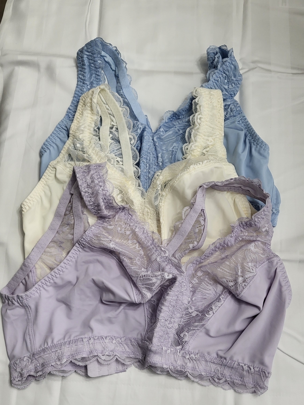 Breezies Soft Support Lace Bralette Set in Light Blue, Cream & Lavender